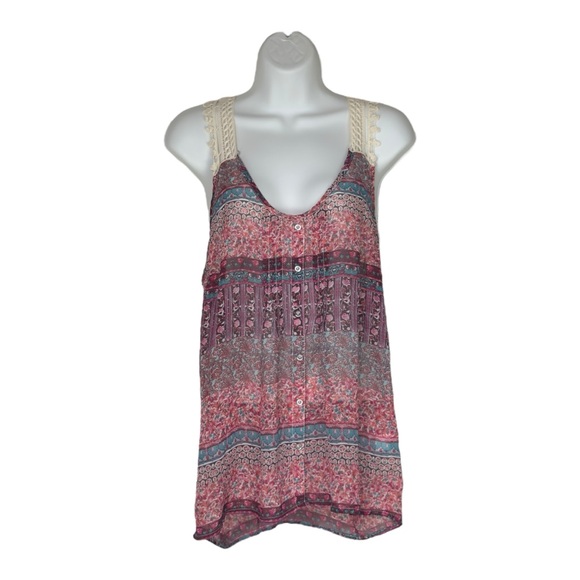 Mixage Pink Multicolour Semi Sheer Lace Upper Loose Tank Medium - Picture 2 of 9